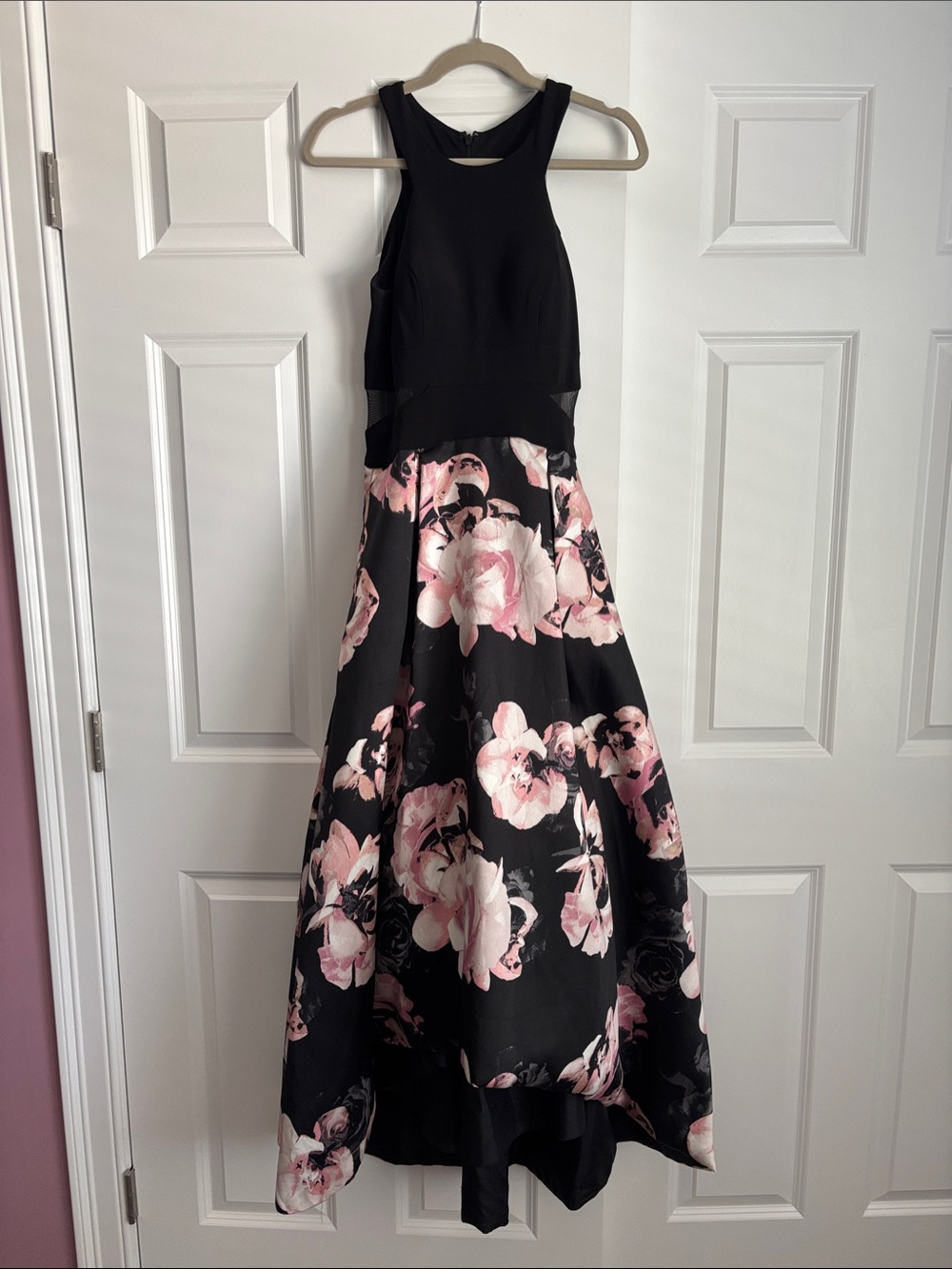Black and Pink Floral High-Low Prom Dress